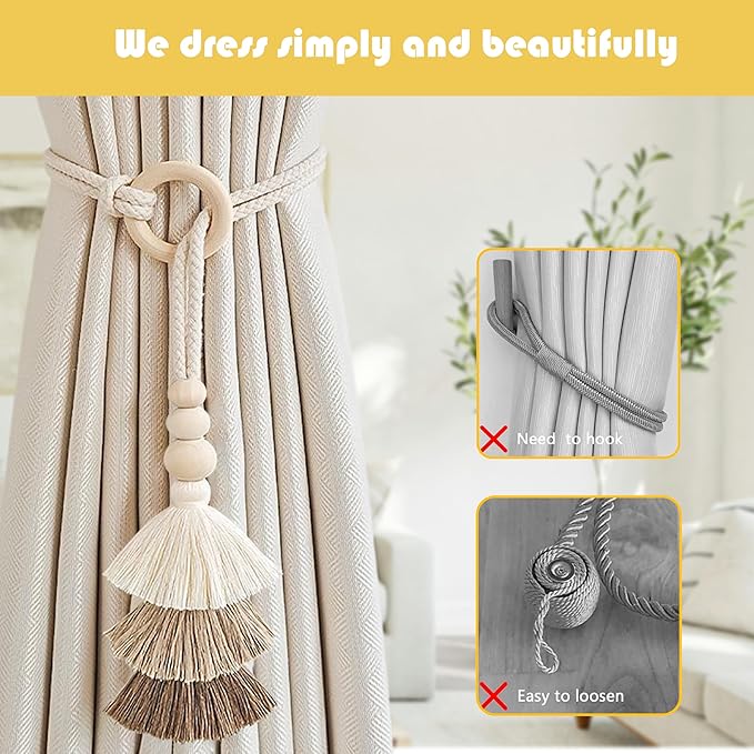 SRG Rope Curtain Tiebacks with Tassel Boho 2 PCS Handmade Wooden Ring Curtain - Image 6