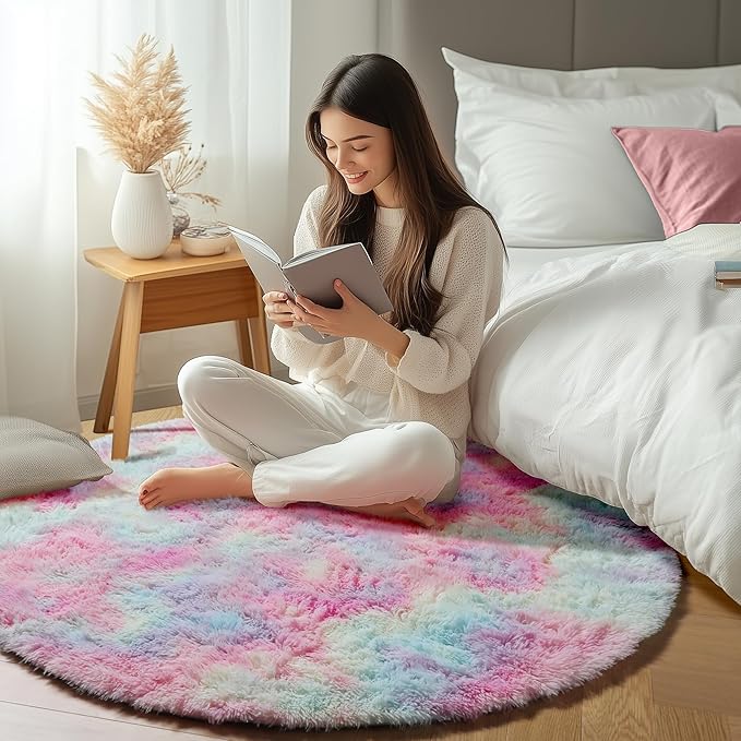 ONASAR Rainbow Round Rugs 6ft for Living Room Bedroom, Fluffy Circle Area Rug - Image 7