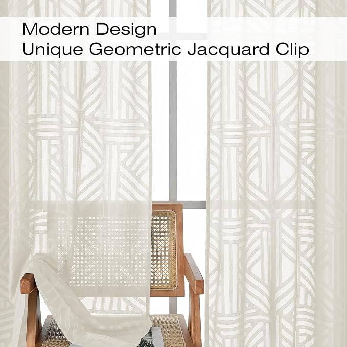 Simplebrand Semi Sheer Ivory Curtains 36 Inch Length 2 Panels, Geometric - Image 4