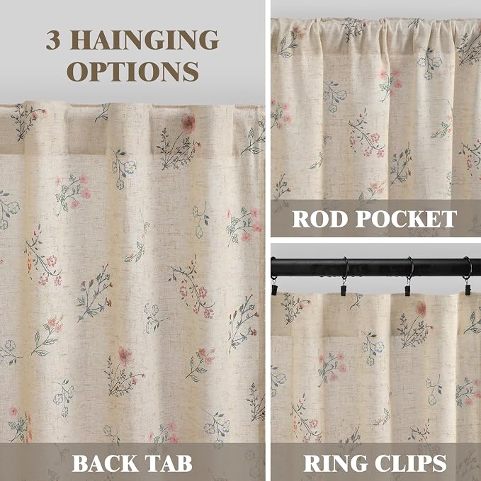 Boho Floral Spring Light Filtering Curtains 63 Inch Length 2 Panels Set - Image 4