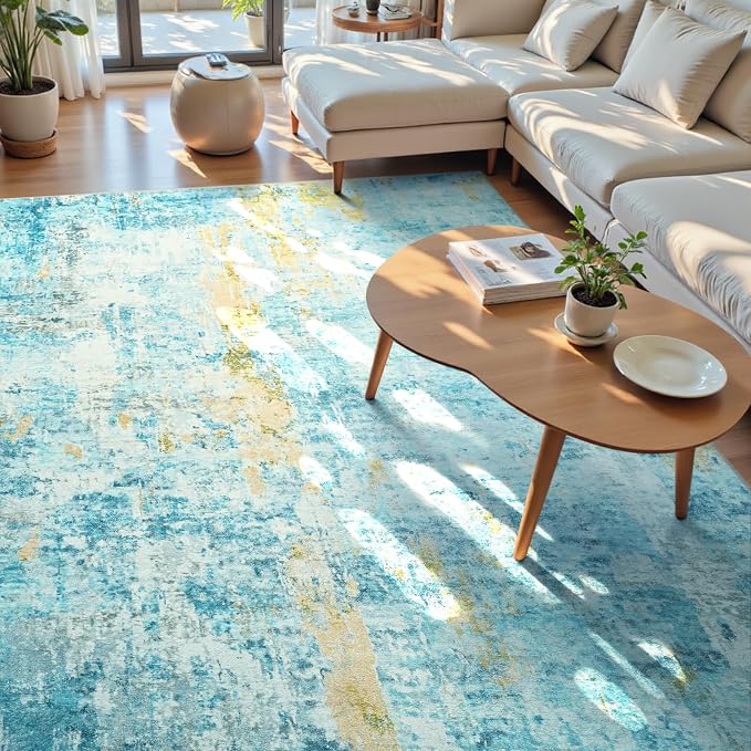 Ompaa Living Room Rug 8x10 Teal Blue Area Rugs Machine Washable Abstract Boho - Image 3