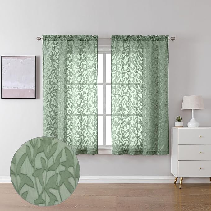Lecloud Leia 2 Panels Semi Sage Green Sheer Curtains 45 Inch Length, Light by Lecloud