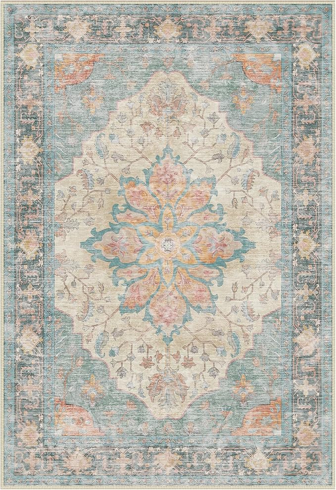 RELEANY Area Rugs Round 6ft Washable Non-Slip, Floral Vintage Distress Print by RELEANY