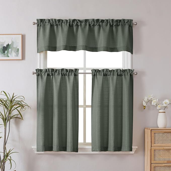 Chyhomenyc Olive Green Valance for Windows, Light Filtering Faux Linen Textured - Image 2