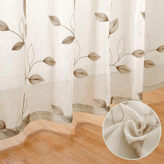 HOMEIDEAS Taupe Sheer Curtains 52 X 84 Inches Long 2 Panels Beige Embroidered - Image 3