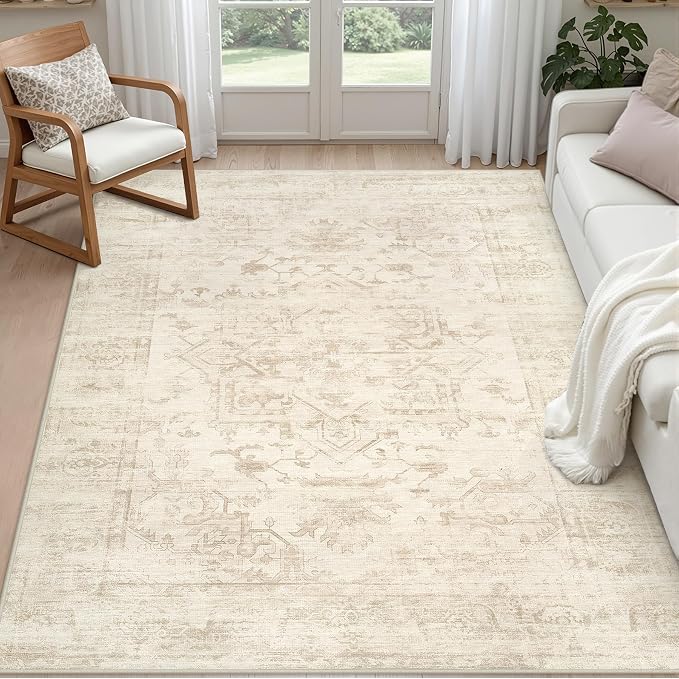 5x7 Area Rugs for Living Room: Vintage Boho Neutral Washable Rug Indoor Soft by Luxturiy