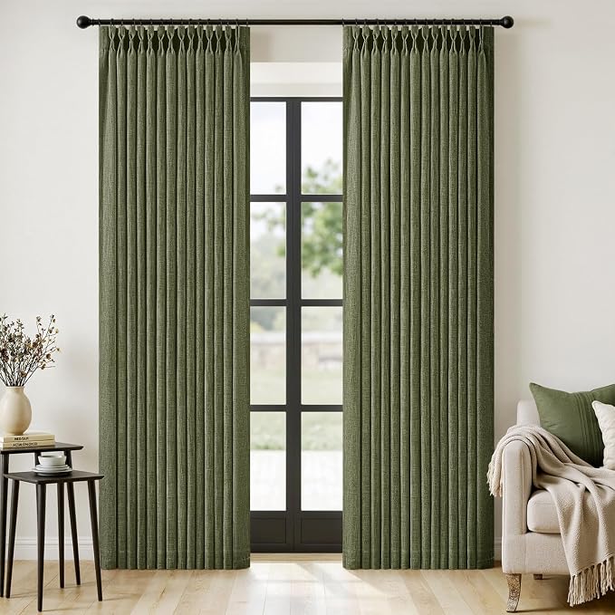 MIULEE Olive Green Pinch Pleated Linen Curtains 96 Inches Long 2 Panels by MIULEE