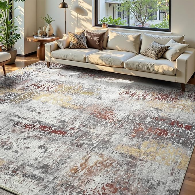 Living Room Rug 7x10 Beige Area Rugs Machine Washable Abstract Boho Large Rug by OmpaaHomeDecor