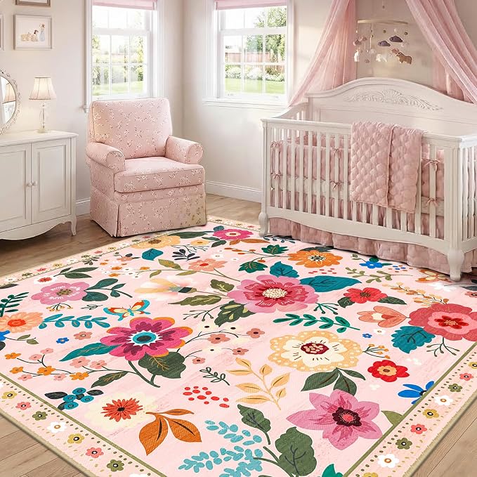 RELEANY Floral Washable Square 6ft Area Rug Pink | Flower Carpet Print Boho - Image 6