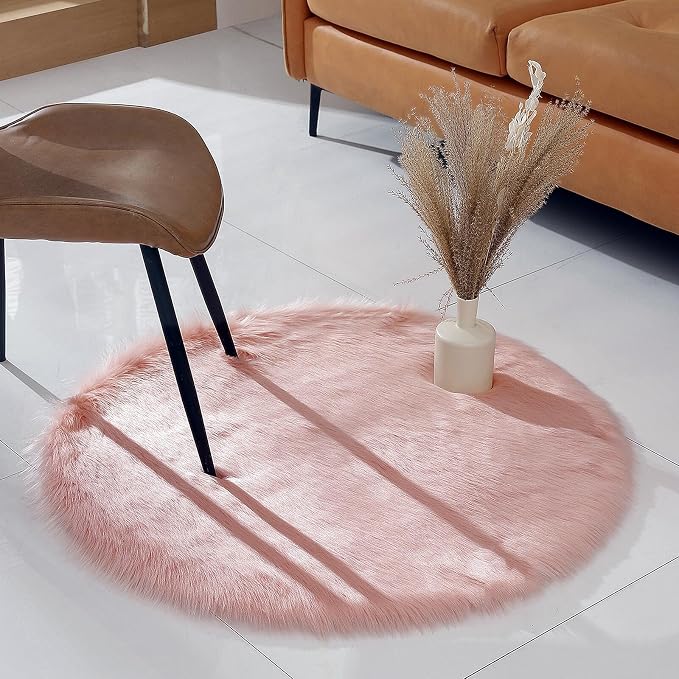 linmopm Faux Fur Rug Sheepskin Shag Fluffy Fuzzy Pink 3x3 ft Rugs - Image 2