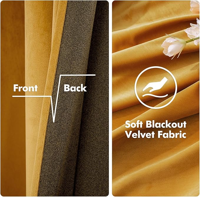 MIULEE 2 Panels Blackout Velvet Curtains Solid Soft Grommet Mustard Yellow - Image 3