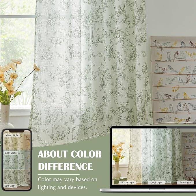 jinchan Linen Floral Curtains for Living Room 63 Inch Long Sage Green Printed - Image 5