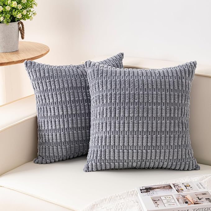 Pack of 2 Corduroy Decorative Throw Pillow Covers 22x22 Inch Soft Striped by Unknown