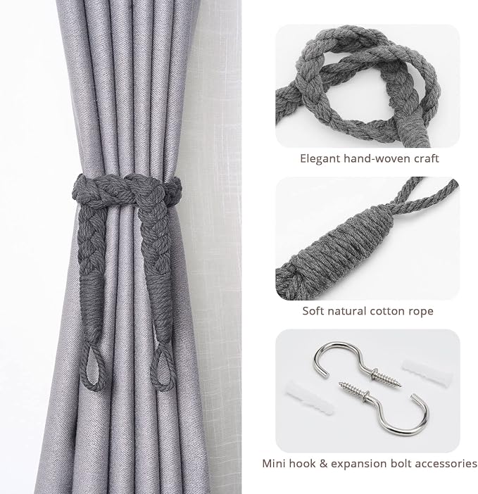 NICEEC 2 Pack Natural Cotton Rope Curtain Tiebacks Elegant Boho Style - Image 2