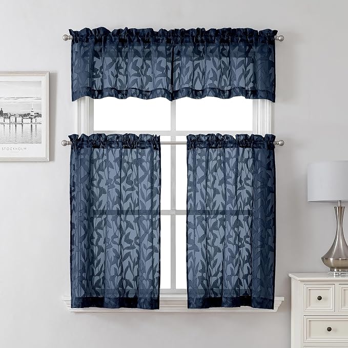 Lecloud Leia Jacquard Textured Navy Blue Sheer Valances - Image 2