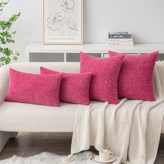 MIULEE Pack of 2 Couch Throw Pillow Covers 18x18 Inch Soft Hot Pink Chenille - Image 4