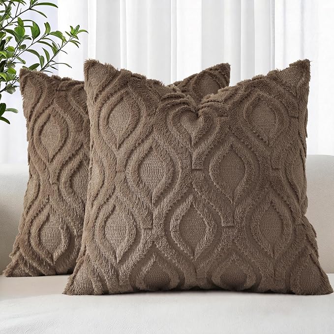 decorUhome Throw Pillow Covers 18x18 Inch Set of 2, Soft Plush Faux Wool Brown by decorUhome