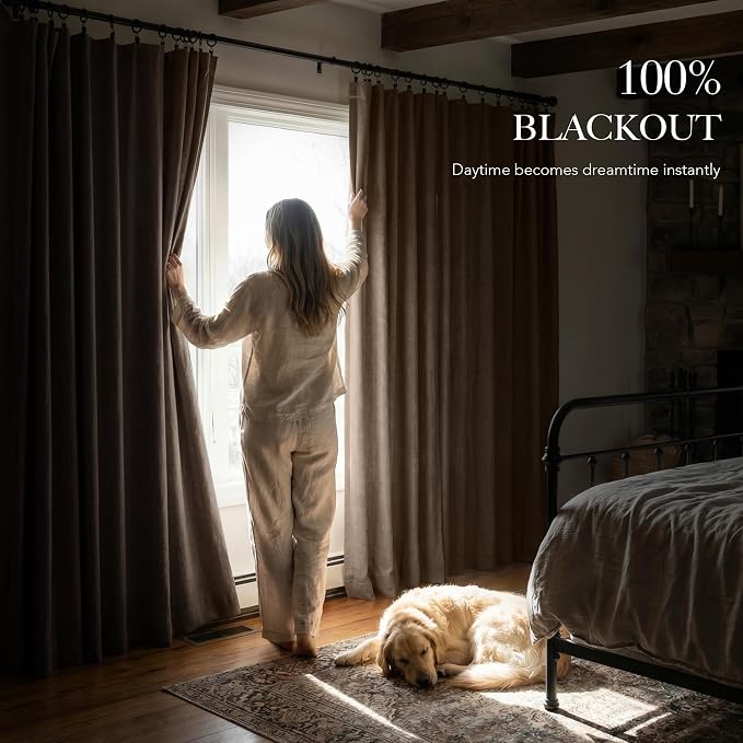 RYB HOME 100% Blackout Linen Textured Curtains 96 inches Long, Thermal - Image 3