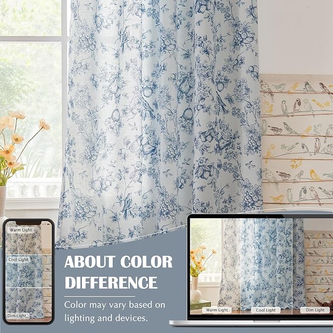 jinchan Linen Floral Curtains for Living Room 96 Inch Length Blue Printed - Image 5