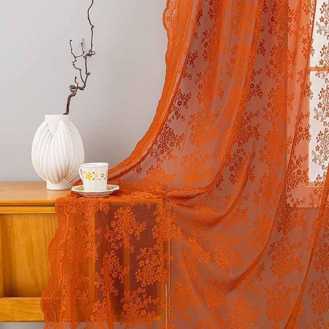 YJ YANJUN Vintage Lace Curtains 96 Inches Long- Rust Floral Terracotta Bay - Image 4