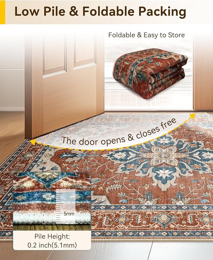 Area Rugs 3'x5' Washable Non-Slip, Floral Vintage Distress Print Pattern - Image 3