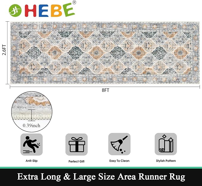 HEBE Hallway Runner Rug 2'8"x8' Washable Vintage Distressed Area Rugs Non Slip - Image 2