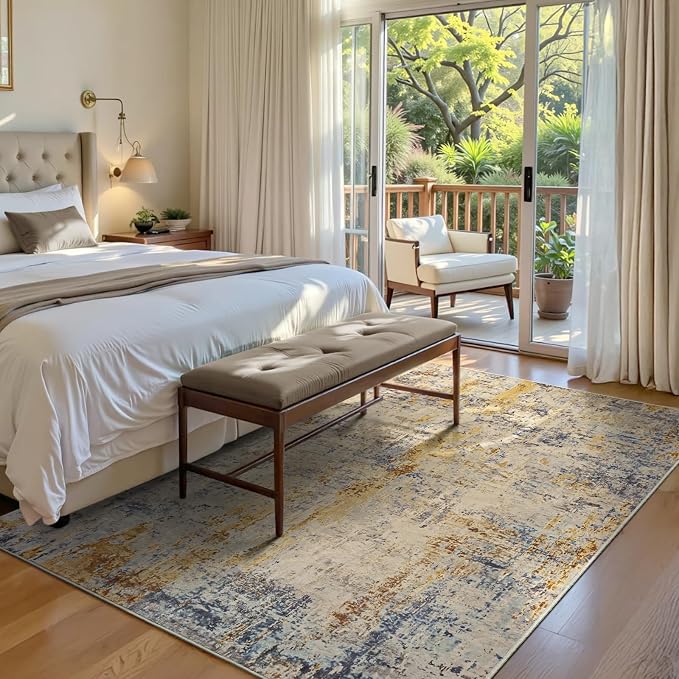 Area Rug 4x6 Beige Rug Washable Boho Rugs Non Slip Low Pile Abstract Small - Image 3