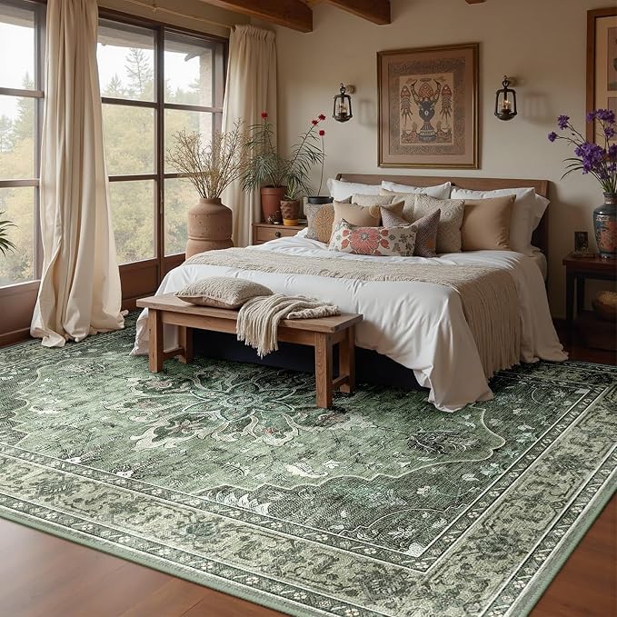 Area Rugs 10'x12' Washable Non-Slip, Floral Vintage Distress Print Pattern - Image 2