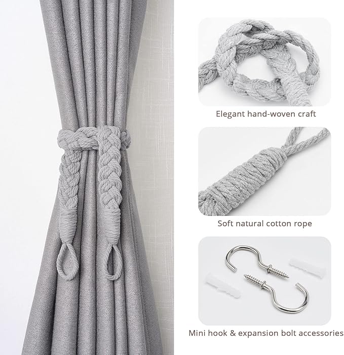 NICEEC 2 Pack Natural Cotton Rope Curtain Tiebacks Elegant Boho Style - Image 2