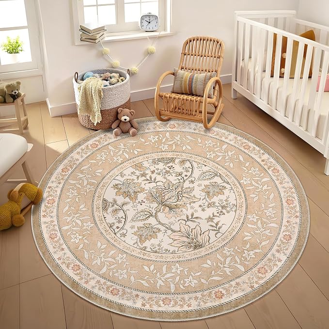 GarveeHome Pinkish Brown Botanical Grove 4ft Round Rug, Small Circle Vintage - Image 2