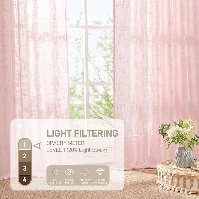 LAMIT Pink Linen Curtains 54 Inch Length 2 Panels, Light Filtering Panels Back - Image 4