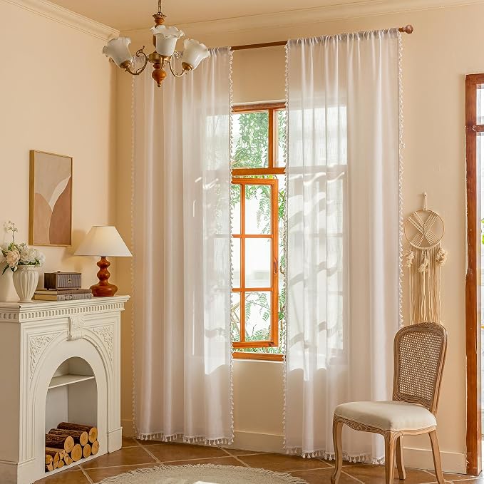 MYSKY HOME Boho Farmhouse White Long Curtains by MYSKYHOME