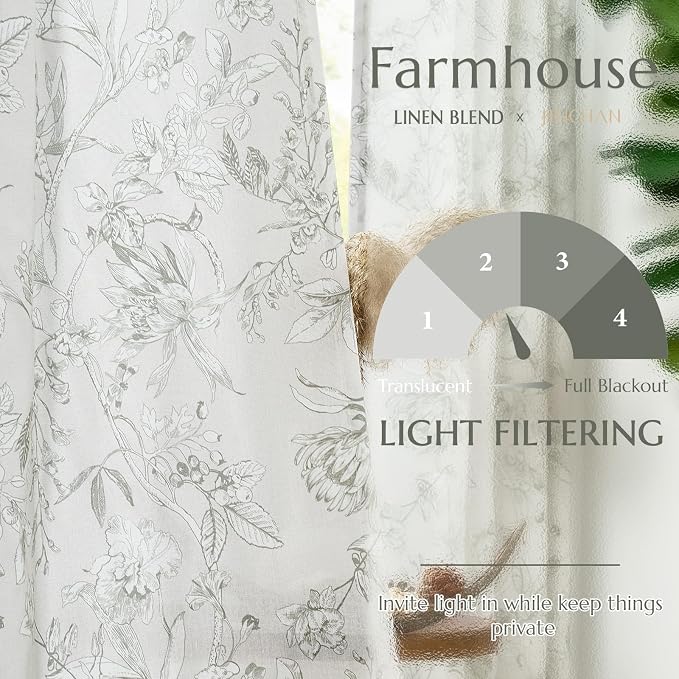 jinchan Floral Curtains 90 Inch Length Charcoal Grey Flower Linen Farmhouse - Image 3