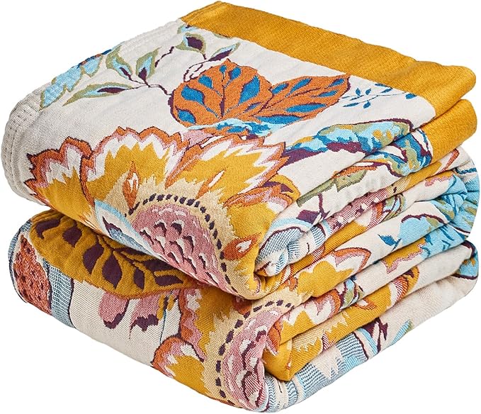 MSGKV Boho Throw Blanket 90"x90" Floral Cotton Blanket by MSGKVHomeTextiles