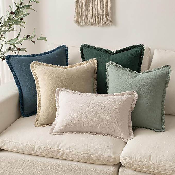 MIULEE Decorative Lumbar Throw Pillow Covers Neutral Linen Fringe Throw Pillows - Image 5