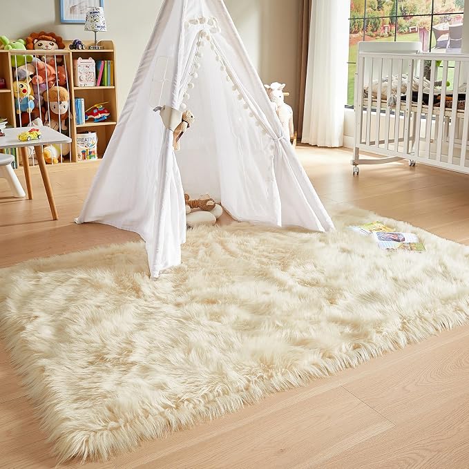AMTOVO Faux Fur Sheepskin Rug for Living Room, 4 x 6 ft Beige Fluffy Area Rug - Image 6