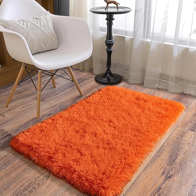 Soft Runner Rugs for Bedroom Hallways, 2x3 Orange Fluffy Shag Throw Area Rug - Image 2