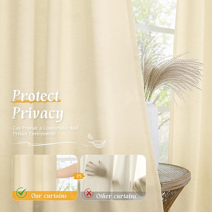LAMIT Beige Linen Curtains for Small Windows, 45 Inches Long 2 Panels Light - Image 5