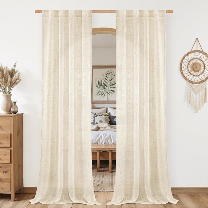 LAMIT Beige Linen Curtains for Living Room 80 inch Length, Light Filtering Semi by LAMIT
