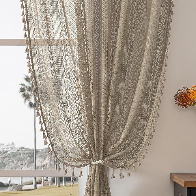 WAZZIO Boho Lace Curtains 84 Inches 2 Panel, Light Filtering Privacy Tassel & by WAZZIO