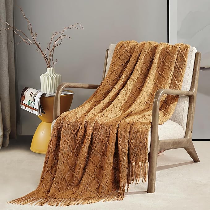 BOURINA Almond Throw Blanket 50 x70 Inches Jacquard Argyle Throw Textured Solid - Image 3