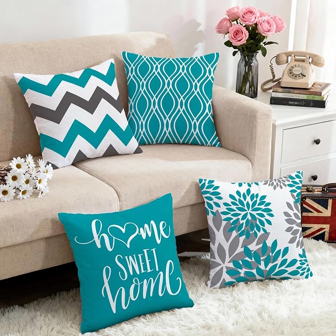 Hexagram Geometric Teal Pillow Covers 16x16 Set of 4, Decorative Outdoor Boho - Image 5