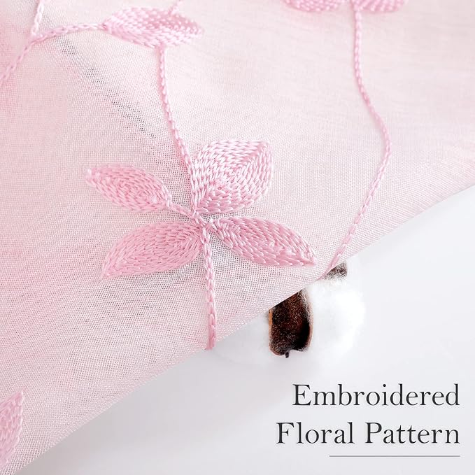 HOMEIDEAS Pink Sheer Curtains 52 X 63 Inches Length 2 Panels Embroidered Vine - Image 2