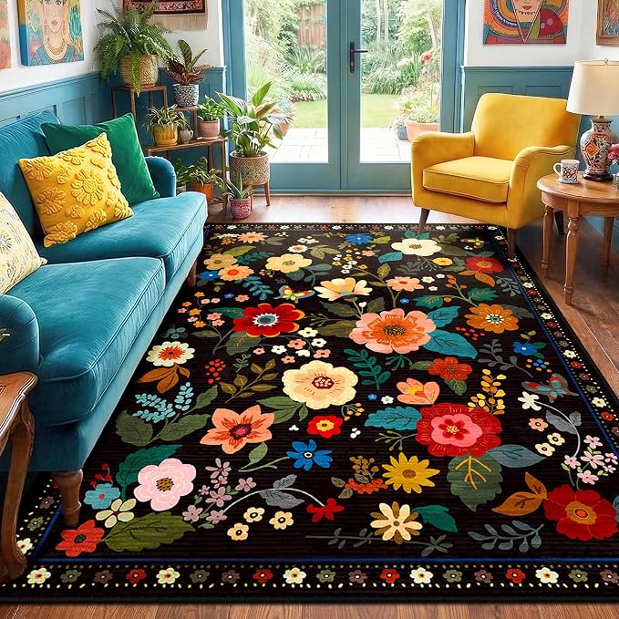 RELEANY Floral Washable 8x10 Area Rugs Black | Flower Carpet Print Boho Cute - Image 6