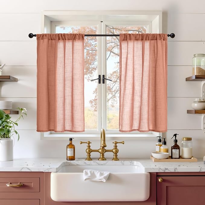 BGment Terracotta Linen Kitchen Curtains 36 Inch Length, Small Semi Sheer by BGment