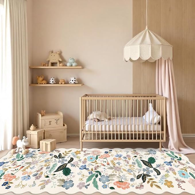 Hallway 4x10 Washable Area Rugs: Indoor Floral Scalloped Rug - Image 3
