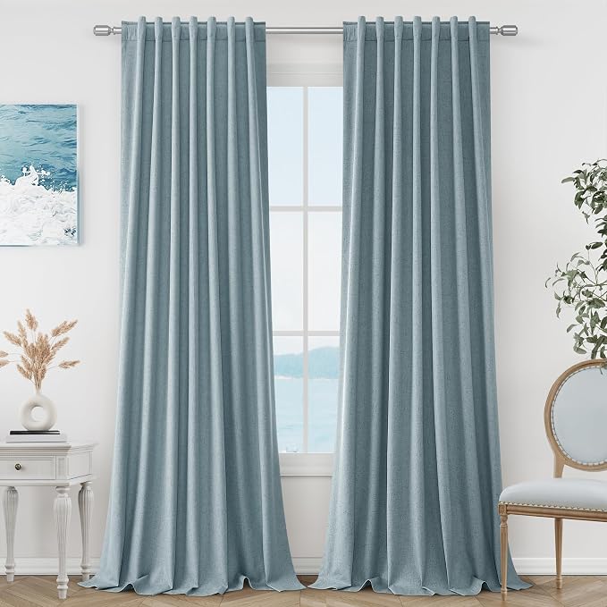 Guken Blue 100% Blackout Linen Curtains 132 Inch Length 2 Panels Set by Guken