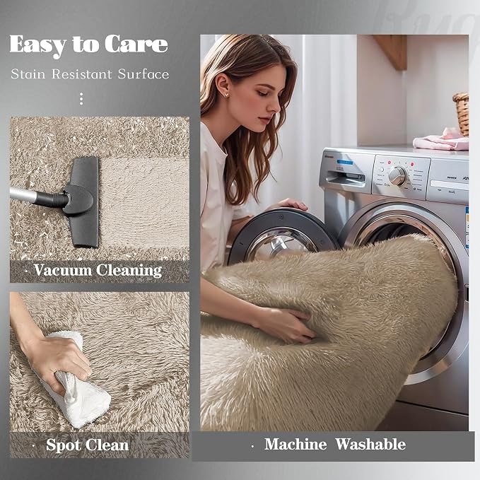 Camel Round Rugs for Bedroom: 4ft Circle Fluffy Shag Soft Washable Rug Small - Image 4