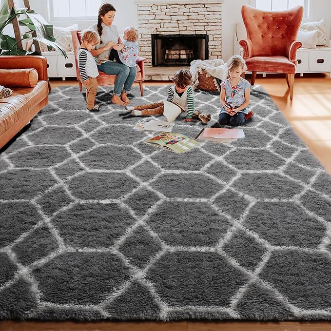 5x7 Area Rugs for Living Room Bedroom, Fluffy Grey and White Geometric Rug | - Image 6