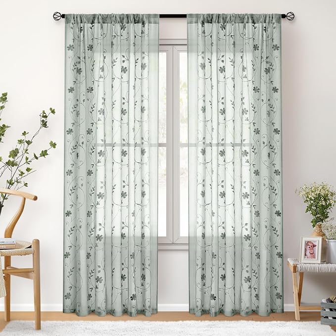 HOMEIDEAS Sage Green Sheer Curtains 84 Inches Long 2 Panels Embroidered Floral - Image 7